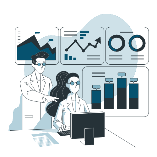 Un homme et une femme analysent des graphiques et des diagrammes sur un ordinateur, illustrant les avantages de l’analyse CRM.