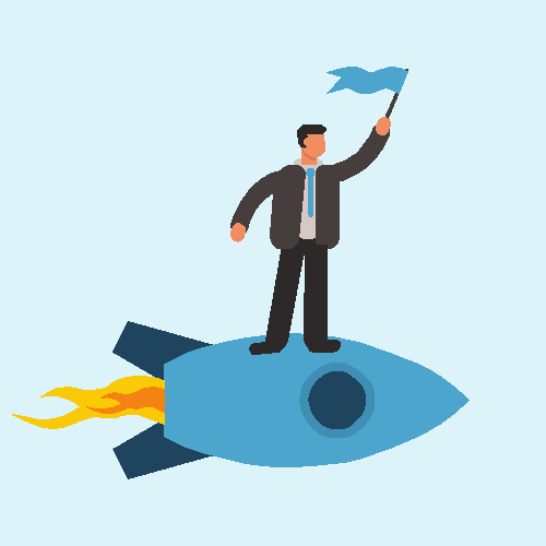 A businessman on a rocket, proudly waving a flag, symbolizing a pioneering spirit and innovative mindset in the business world.