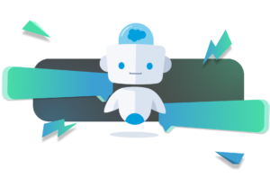 an image of a cartoon white robot on the graphite element with two turquoise speech clouds, two turquoise lightnings and two turquoise triangles around