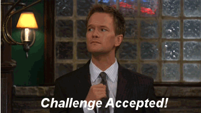 Barney Stinson, ”Ensisilmäyksellä”-sarjan hahmo, pukeutuneena pukuun ja ottamassa haasteen vastaan.