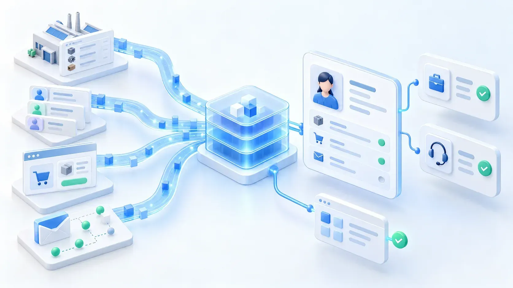 Conceptual illustration of manufacturing ERP, CRM, commerce, and marketing data flowing through a shared blue hub into a unified customer profile and connected sales and support panels.
