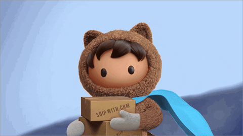 Piirretty Astro sinisessä viitassa pitelee laatikkoa ja edustaa Salesforce CRM:ää