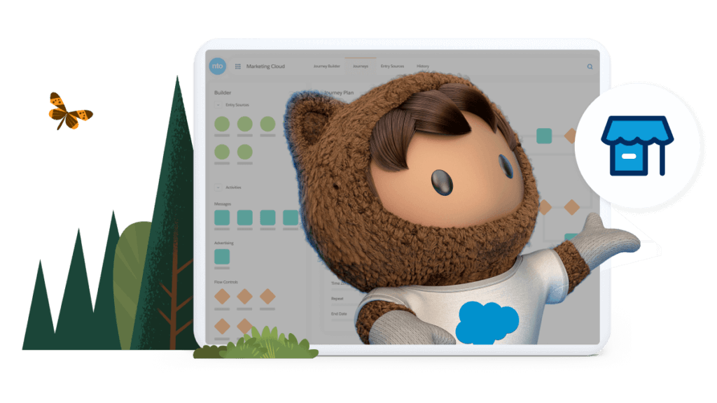 Ein Salesforce Astro zeigt auf einen Computerbildschirm mit der Aufschrift „Salesforce for Small Business“.