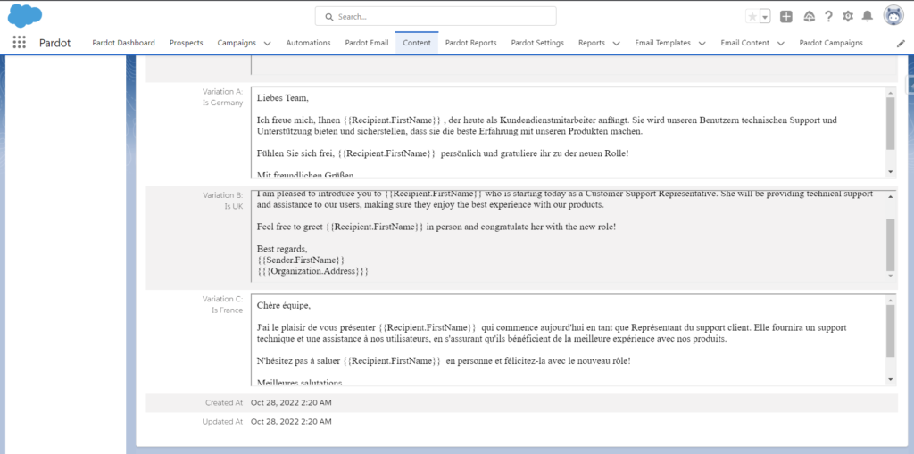 Dynamic content to send one email with different languages