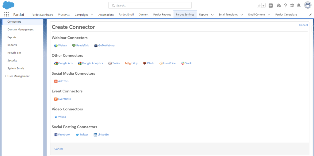Connectors to analytics and social media to conduct everything staying Pardot