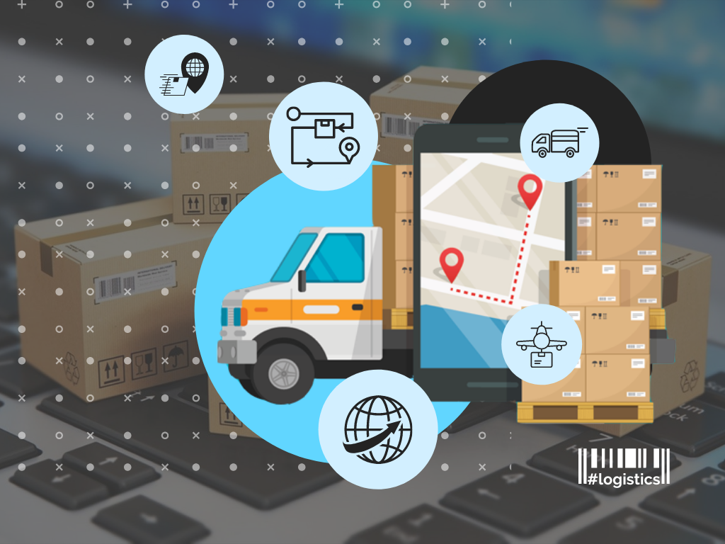 Un téléphone mobile et un camion avec des cartons, dessinés dans un style cartoon, cinq cercles bleus contenant des icônes noires et un grand cercle bleu autour d’un camion, sur un fond couleur graphite