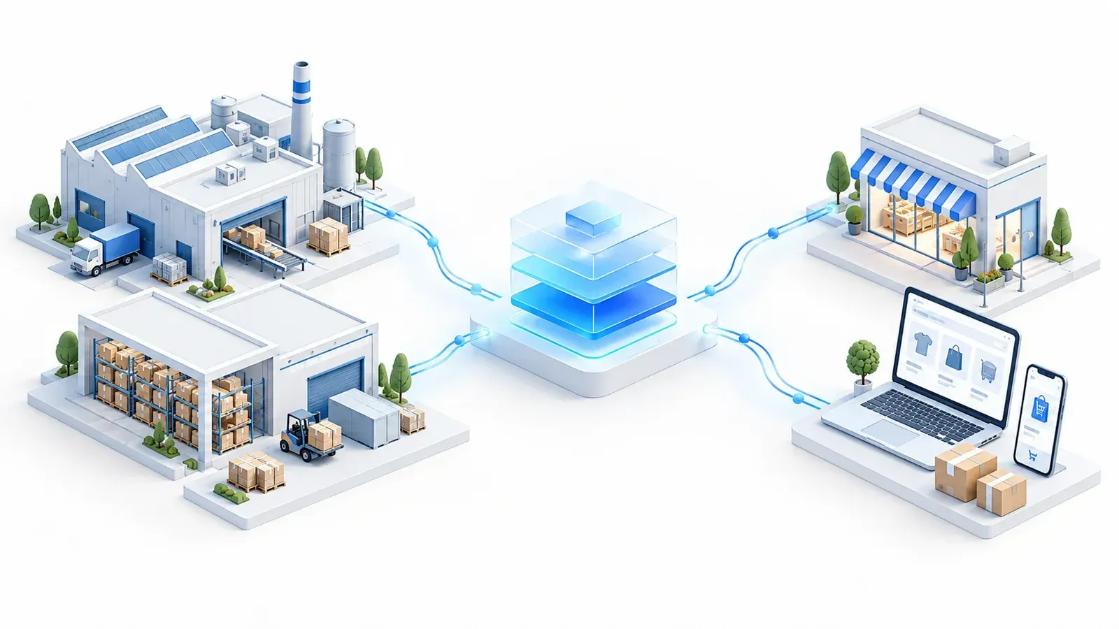 Conceptual illustration of a factory and warehouse connected through a shared data hub to retail and e-commerce channels.