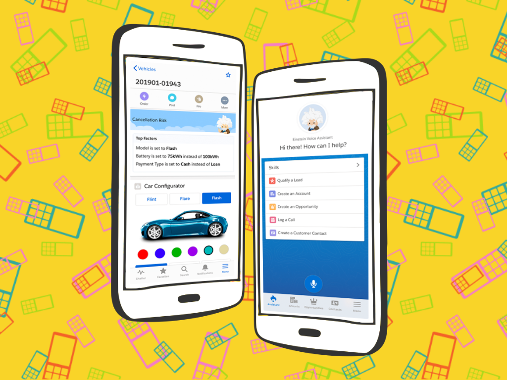 Zwei Mobiltelefone im Cartoonstil vor gelbem Hintergrund und viele kleine bunte Mobiltelefone im Cartoonstil im Hintergrund