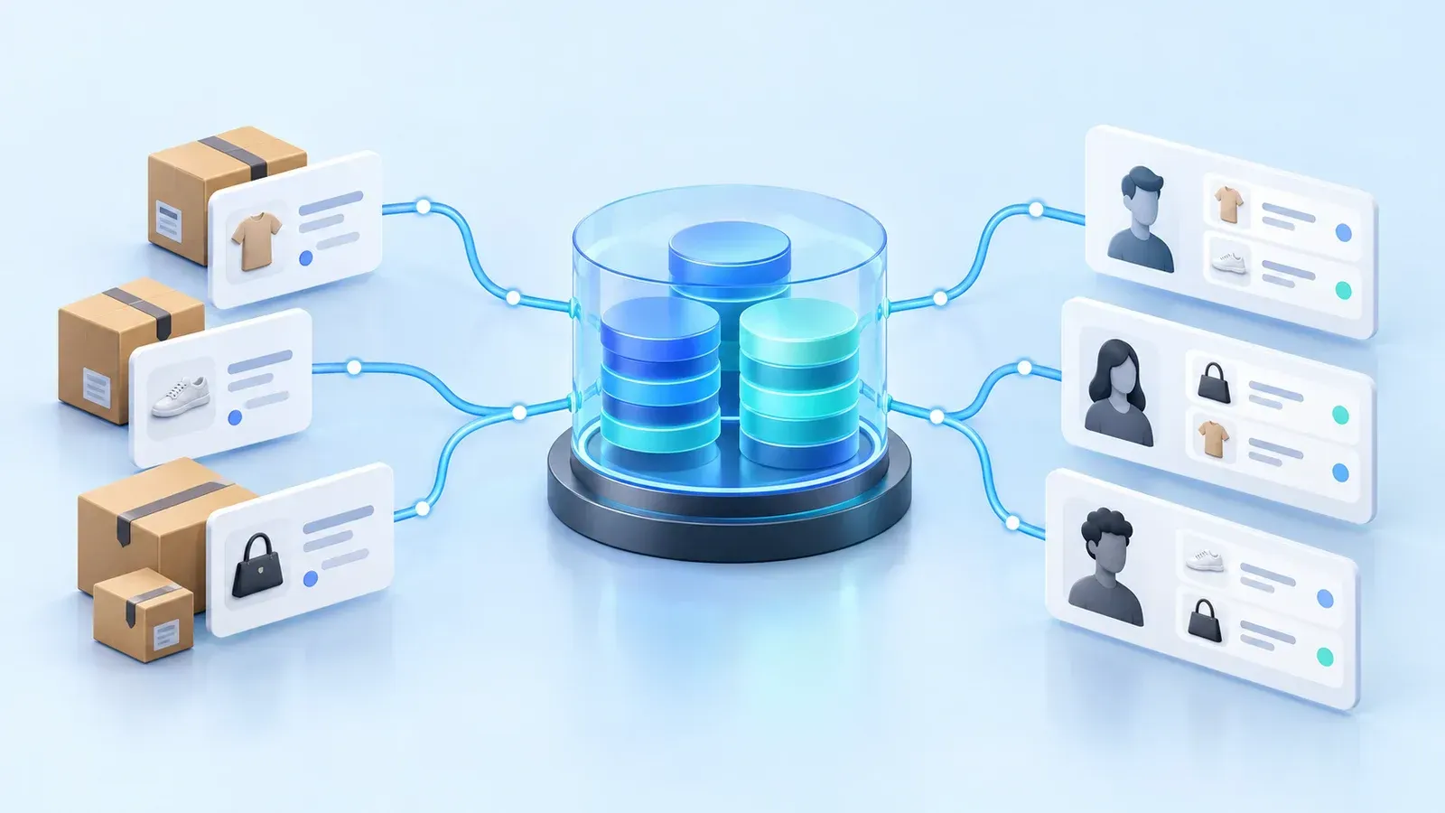 Conceptual illustration of retail order cards and parcels connected through a blue data hub to customer record panels.