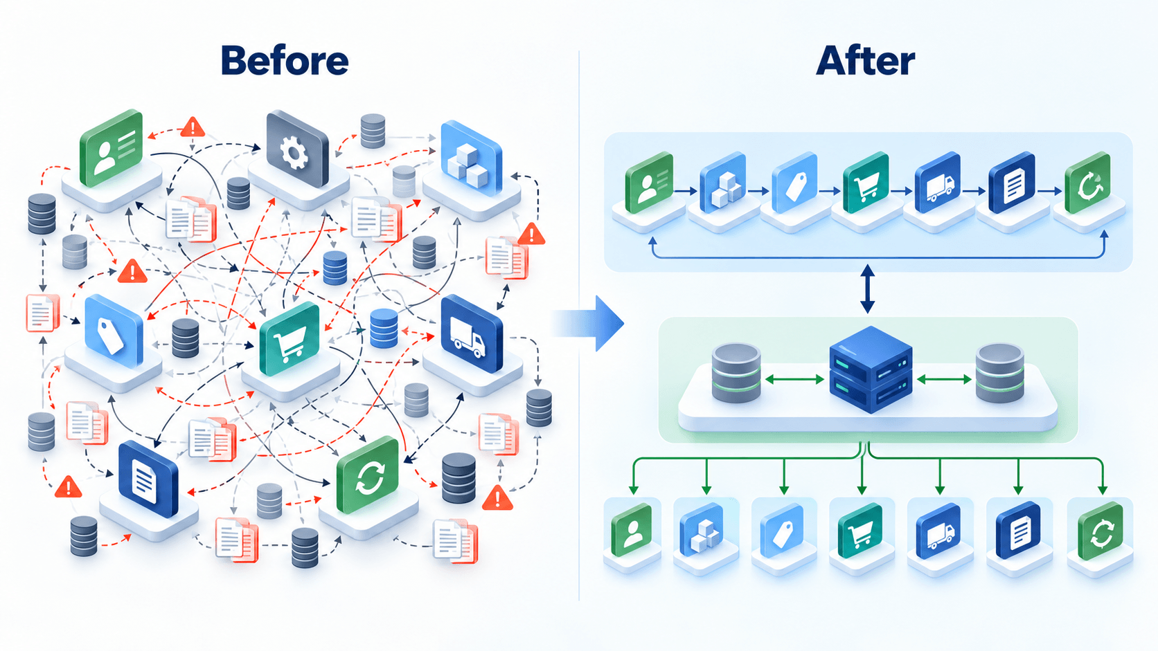 Before-and-after comparison showing disconnected revenue systems becoming an ordered commercial, fulfillment, billing, and renewal lifecycle