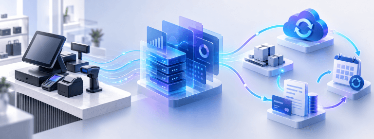 Point-of-sale hardware connected through a commercial data platform to fulfillment, billing, and renewals