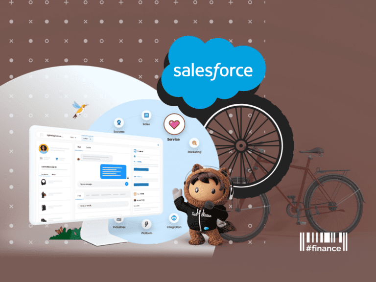 a white computer console displaying Salesforce CRM and a blue circle with icons displaying Salesforce Customer 360 on the white background, a cartoon bicycle wheel and a bicycle on the brown background, Salesforce logo above