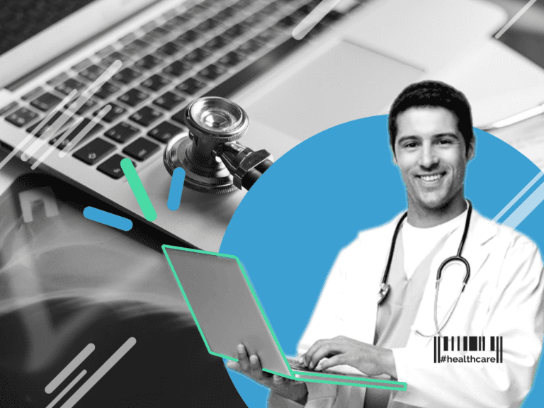 a black and white a photo of a doctor holds a laptop, behind a blue circle, blue, green and white ellipse lines, all elements are at the black and white background of a laptop