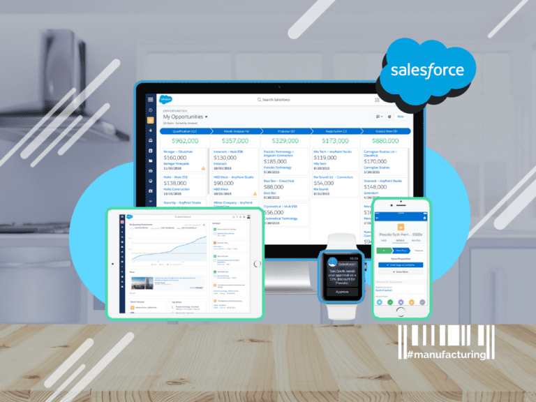 Icons of a computer console, a tablet, a watch and a phone and two blue circles behind them, a Salesforce logo, white ellipse lines, all elements on the photo of a kitchen background