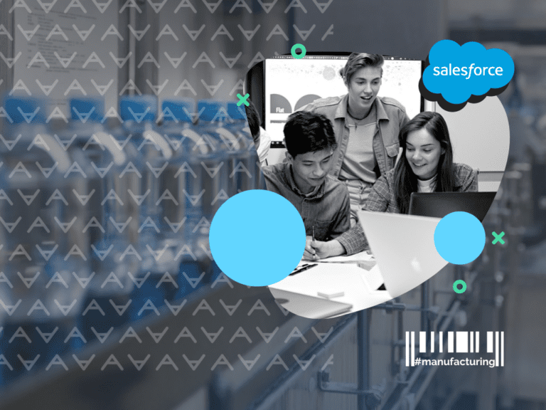 a black and white photo of students with two blue circles and Salesforce logo around, the a latter pattern, elements on a background photo showing manufacturing process of water bottles