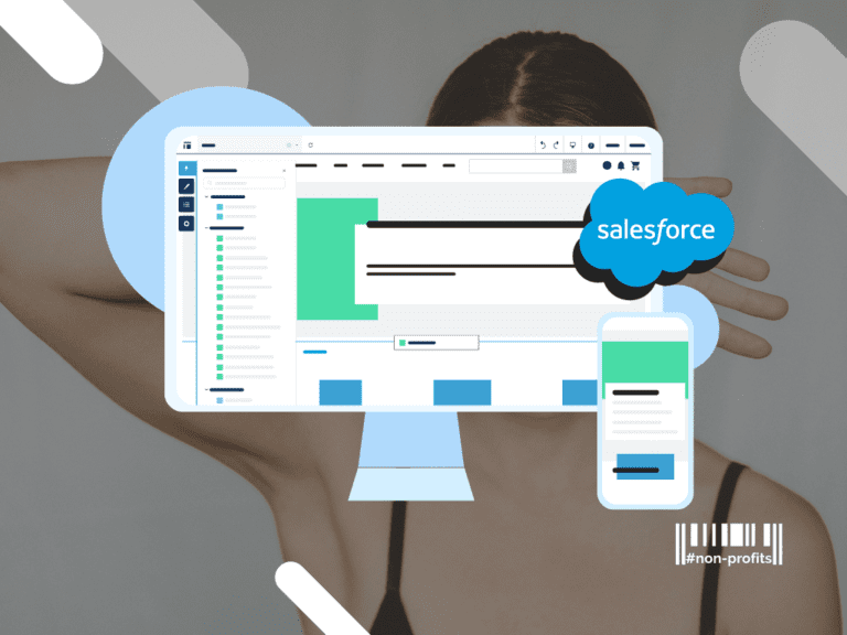 Symbole für Computer und Mobilgeräte, ein Salesforce-Logo, zwei blaue Kreise und weiße Ellipsenlinien auf dem Hintergrund eines Frauenbildes