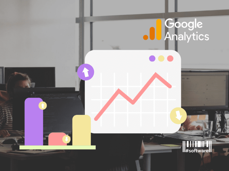 icons of charts and graphs, Google Analytics icon and text, an office photo behind them