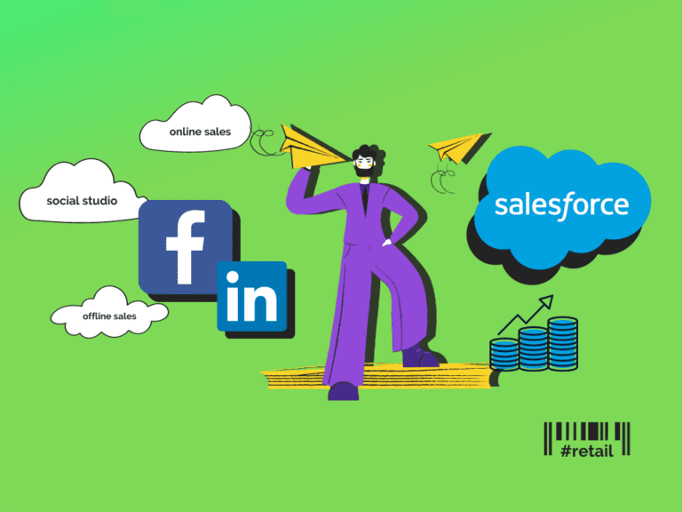 a cartoon man stands on a cartoon yellow book and hands a paper plane, Facebook, LinkedIn and Salesforce logos around, three cartoon clouds with text inside, sales icon, all elements on a green background