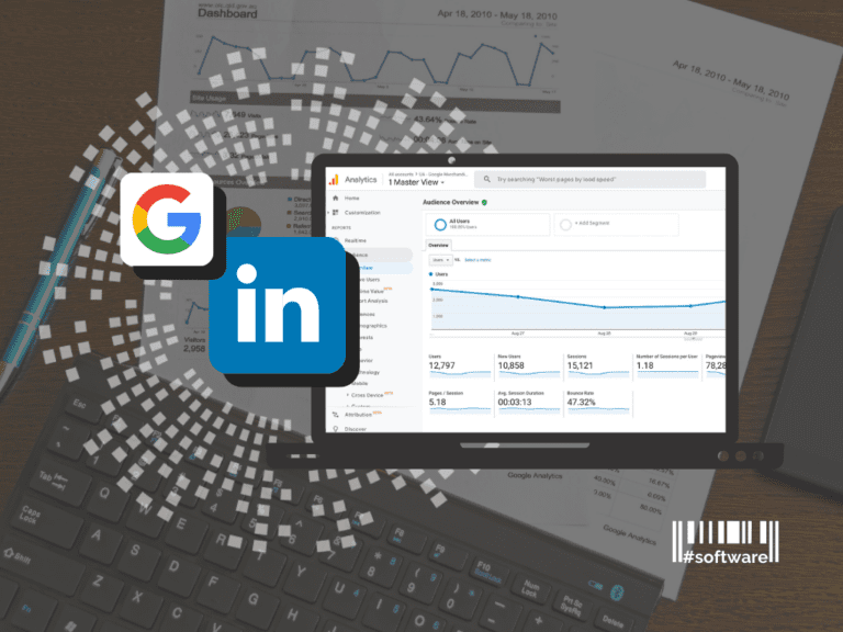 an icon of a laptop displaying Google Analytics data, Google and LinkedIn logos in a square, many little squares forming a circle, all elements on a graphite picture of an opened laptop background
