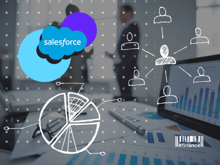 white cartoon icons, a white cartoon diagram and two blue circles with a Salesforce logo above on a graphite photo office background