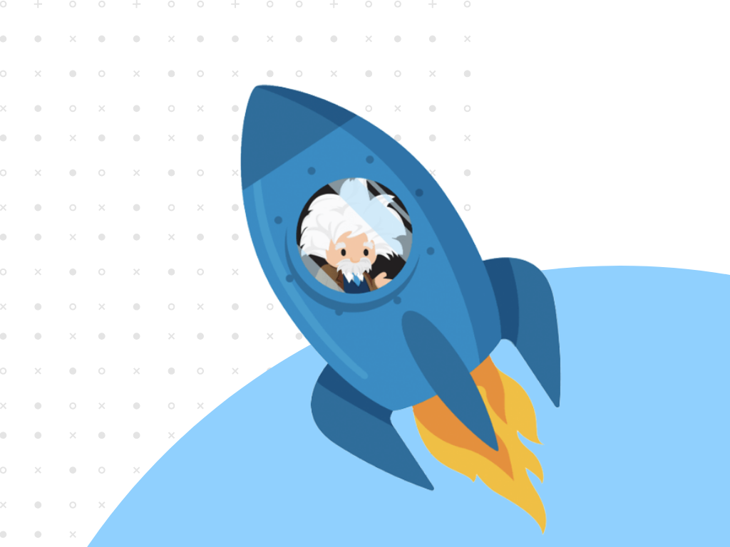 Salesforce Einstein Symbol is in the dark blue rocket on the white and blue background