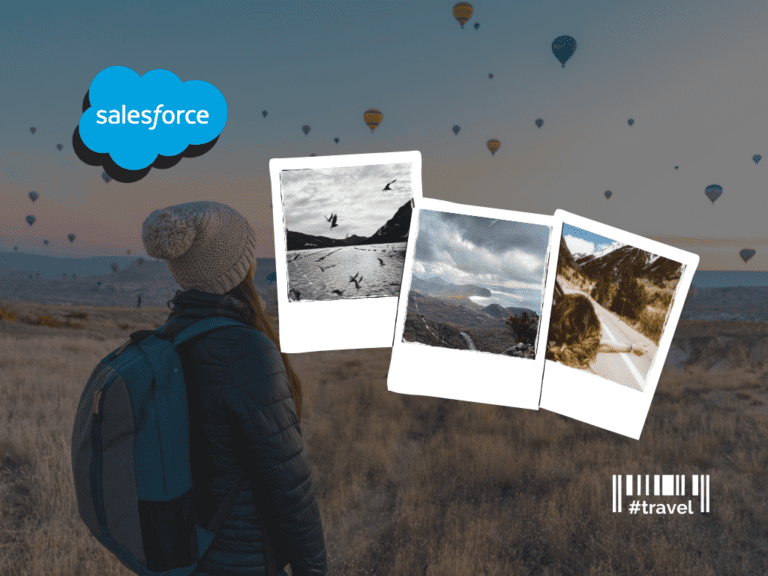 trzy kartki ze zdjęciami z podróży w formie kreskówek i logo Salesforce na ciemnym tle przedstawiające dziewczynkę i sterowce