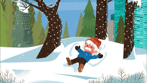 A cartoon Einstein joyfully plays in the snow, creating snow angels and snowballs.