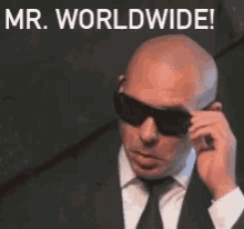 A Pitbull singer in a suit and sunglasses confidently says "Mr. Worldwide" in front of a backdrop that reads "Worldwide Companies that Use Salesforce CRM."