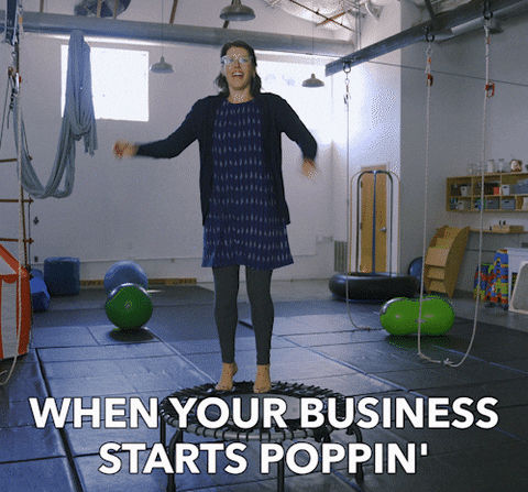 A woman on a trampoline with the words "when your business starts popping". Salesforce for Small Business, Business boost.