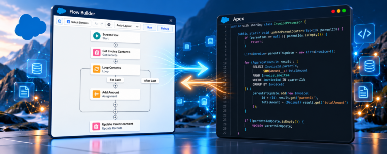 Salesforce Flow Builder automation beside Apex code with arrows connecting the two approaches